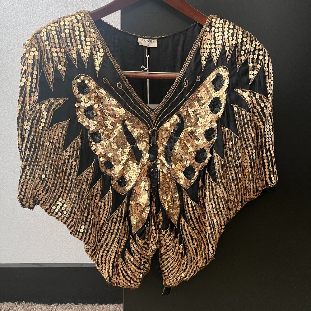 Vintage 70's Silk Sequin Butterfly Statement Top | Disco Glam | New Old Stock